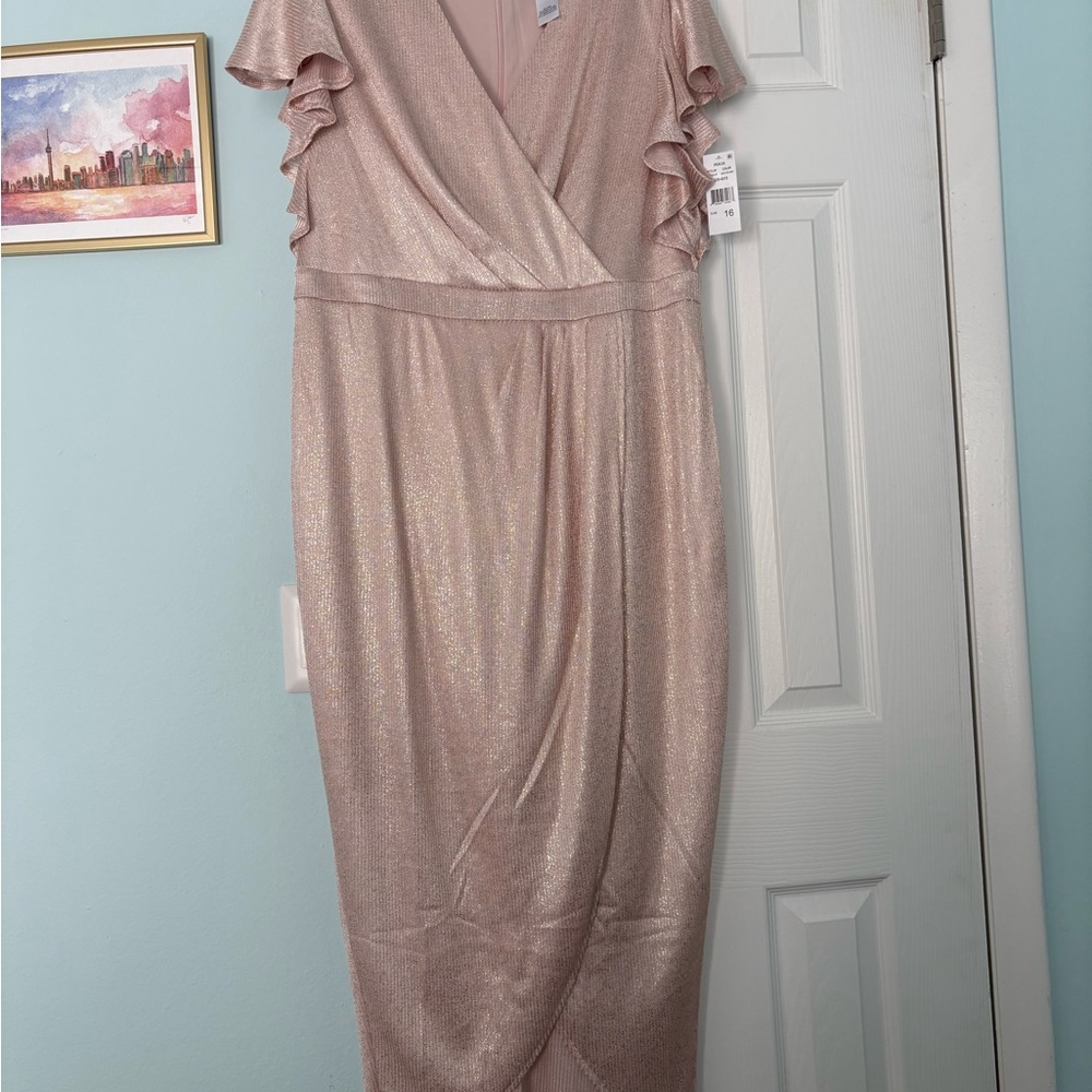 Maia Shimmering Rose Gold Faux Wrap Style Ruffle Sleeve Dress Size 16